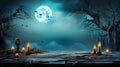 Enchanting Halloween Ambience Old Table with Candles and Branches at Spooky Night with Full Moon. created with Generative AI Royalty Free Stock Photo