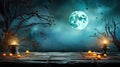 Enchanting Halloween Ambience Old Table with Candles and Branches at Spooky Night with Full Moon. created with Generative AI Royalty Free Stock Photo