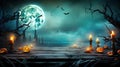 Enchanting Halloween Ambience Old Table with Candles and Branches at Spooky Night with Full Moon. created with Generative AI Royalty Free Stock Photo