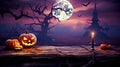 Enchanting Halloween Feast Rustic Wooden Table with Orange Pumpkin in Purple Moonlit Landscape. created with Generative AI