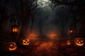 Enchanting Halloween Forest: Mysterious Black Trees Set a Spooky Scene. AI Royalty Free Stock Photo