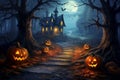 Enchanting Halloween Hideaway: A Spooky House in the Woods with Pumpkins Galore Royalty Free Stock Photo