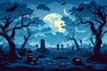 Enchanting Halloween Night Landscape with Full Moon, Spooky Trees, and Pumpkins Royalty Free Stock Photo
