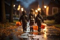 Enchanting Halloween Trio: Witch, Superhero, and Vampire Trick or Treating under a Moonlit Sky