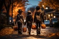 Enchanting Halloween Trio: Witch, Superhero, and Vampire Trick or Treating under a Moonlit Sky