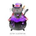 Enchanting Halloween Watercolor: Cooking Witch Soup with a Cute Black Cat