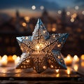 Enchanting Hanukkah: Star of David adorned with dreidels and candles against a twinkling bokeh bac Royalty Free Stock Photo