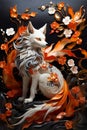 Enchanting Harmony An Orange and White Wolf Amidst Leaves and Flowers on a Sublime Gray Canvas