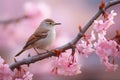 Nightingale Amidst Pink Cherry Blossoms Hopping in Nature\'s Symphony. Generative Ai.