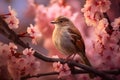 Nightingale Amidst Pink Cherry Blossoms Hopping in Nature\'s Symphony. Generative Ai.