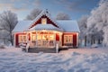 Enchanting holiday cottage beautifully decorated with festive lights, nestled in a snowy wonderland.