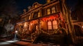 Enchanting Holiday Grandeur: Mesmerizing Nighttime Photo of Victorian Mansion\'s Decorated Entrance Royalty Free Stock Photo