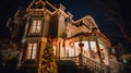Enchanting Holiday Grandeur: Mesmerizing Nighttime Photo of Victorian Mansion\'s Decorated Entrance