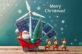 Santa Claus, reindeer, christmas tree, wind turbine, solar panel and snowflakes, generative ai