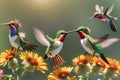 Graceful Bird Family in Wildflower Garden Nature\'s Flight Symphony