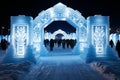 Enchanting Ice Palace Aglow with Dazzling Christmas Lights, Sparkling in the Glistening Snow