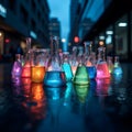 Enchanting Illuminated Laboratory Glassware in Urban Night Setting