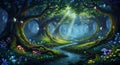 Magical fairy forest with glowing stream and mushrooms Royalty Free Stock Photo
