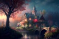 An enchanting illustration of a fairytale fantasy world, featuring magical landscapes, and a dreamy atmosphere