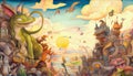 An enchanting illustration of a fairytale fantasy world, featuring mystical creatures, magical landscapes, and a dreamy