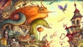 An enchanting illustration of a fairytale fantasy world, featuring mystical creatures, magical landscapes, and a dreamy