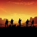 Harmony in the Dunes: Silhouetted Rock Band\'s Desert Sunset Jam Royalty Free Stock Photo