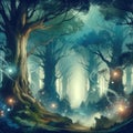 Mystical Forest with swirling lights, AI generated