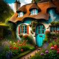 Enchanted Forest Dwelling: Illustration of a Fairytale Princess\'s Cottage in the Woods Royalty Free Stock Photo