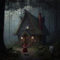 A fairy house in the woods with a girl in a red suit Royalty Free Stock Photo