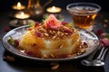 Enchanting image of Balooza, a traditional Emirati dessert, with rose-infused vermicelli, saffron, nuts, and delicate rose petals