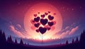 Romantic Heart-Shaped Balloons Over Cityscape at Sunset, AI Generated