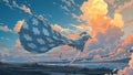 Whimsical Cloud-Adorned Flight Through Golden Sunset Skies Royalty Free Stock Photo