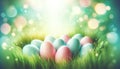 Vibrant Easter Eggs Nestled in Spring Grass with Magical Bokeh Lights, AI Generated