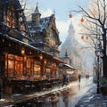 View of the Old Town During Winter, a Warm Glow from a Shop Royalty Free Stock Photo