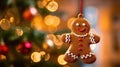 Gingerbread Man Cookie in Christmas Tree with Bokeh Lights. Festive Decoration and Closeup Magic for New Year