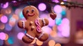 Gingerbread Man Cookie in Christmas Tree with Bokeh Lights. Festive Decoration and Closeup Magic for New Year