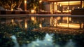 An enchanting image of a clean pool illuminated by soft lighting, with reflections dancing on the water\'s surface
