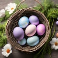 A mesmerizing image of Easter eggs arranged in a basket, generative AI Royalty Free Stock Photo