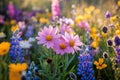 An enchanting image of a field covered in a diverse array of spring flowers.