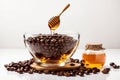 Coffee Beans and Honey In Glass Bowl