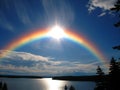 Natural super bright rainbow over the lake Royalty Free Stock Photo