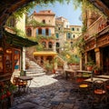 An enchanting Italian courtyard with street cafe on a sunny summer day