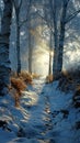 Enchanting Journey: A Dreamlike Sunrise Through a Snowy Forest o