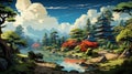 Enchanting Kyoto\'s Japanese Garden in a Charming Cartoon Style