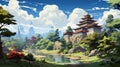 Enchanting Kyoto\'s Japanese Garden in a Charming Cartoon Style