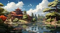 Enchanting Kyoto\'s Japanese Garden in a Charming Cartoon Style