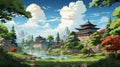 Enchanting Kyoto\'s Japanese Garden in a Charming Cartoon Style