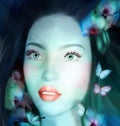 Enchanting lady portrait with orchids and butterflies Royalty Free Stock Photo