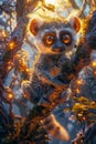 Enchanting Lemur with Sparkling Eyes Amidst Twinkling Lights in Magical Forest Setting