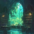 Enchanting Library with Stained Glass Window and Rainy Day Atmosphere
